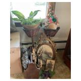 Misc wicker plant stands, wall decor, mirror,