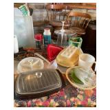 Misc plasticware, glassware, thermos,7 Up cups