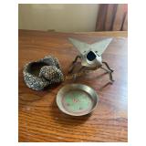 Misc brass fly, wood bird, brass trinket tray