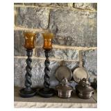 2 cast-iron candle holders 16' tall & 2 kerosene