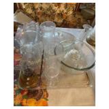 Misc glassware,  banana split dishes, candle