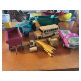 Metal toys,school bus, tractor, wagon etc
