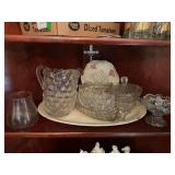 Misc cut glass, sugar/creamer, Fostoria ? , etc