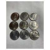 9 Kennedy Half dollars, P& D, 1972, 74, 84, 86,