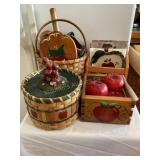 Misc apple baskets, apples, dish scrubber