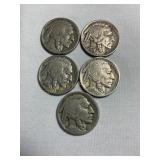 5 Buffalo nickels, 1934, 1927, 1938, 1926, 1928?
