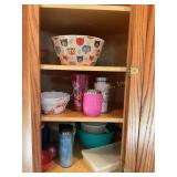 Contents of cupboard, Tupperware, drink mugs,