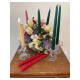 Glass floral holder, 4 candle holders, candles