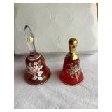 2 Ruby red glass handpainted bells,