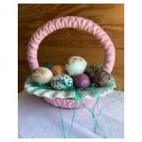 Ceramic Easter basket with 12+ ceramic eggs, 11x9"