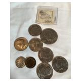 Misc. coins- 1971 Roosevelt dollar, 6 Kennedy
