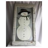 Farmhouse style snowman painted on glass,