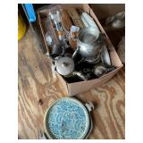 Misc metal trays, tea set, toilet seat, etc, s