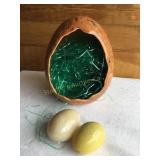 Ceramic egg diorama, 7.5x6",  w/2 polished stone