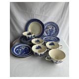 Ye olde Willow ceramic plates, saucers cups,