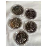 5 Morgan dollars, stamped "COPY", not silver