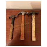 3 claw hammers, 13" longest, show wear