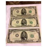 3 Circulated $5 bills, 1950 B, 1950 D, 1950 E