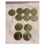 11 Kennedy half dollar coins, 1980s & 1776-1976