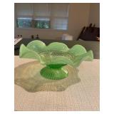 Green Opalescent pedestal glass scalloped rim