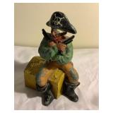 Cast metal pirate bank, missing bottom, 4.5x6"