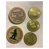 3 City of Frederick parking tokens & 2 wooden