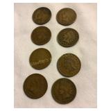 8 Indian head Pennies, 1901-1907