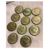 11 Kennedy half dollar coins, 1965-70
