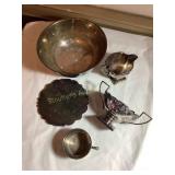 5  Misc.  silver plated pieces, trivet, bowl,