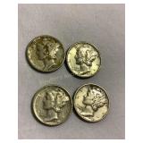 4 Mercury dimes, 1942, 44, 45
