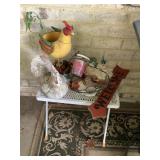 Outdoor metal table, chicken decor, planter, etc