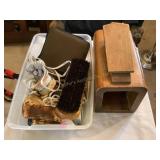 Vtg Wooden shoe shine box & misc. accessories,