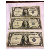 3 Circulated $1 bills, 1957, 1957 A, 1957 B