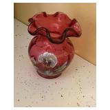 Fenton vtg  cranberry glass vase, signed by