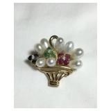 14 kt 585 basket brooch/pendant w/pearls, ruby,