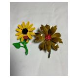 Vtg metal flower pins, one marked J.- 2 1/2" & 2