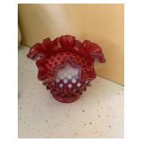 Fenton cranberry opalescent hobnail vase, 4.5"H