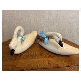 2 wooden carved look swans, 13"w (some repair)
