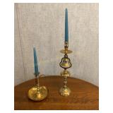 2 brass candlesticks- tavern w/bell, etc.