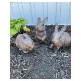 3 concrete rabbits 11 1/2" tallest
