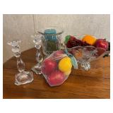 Misc glassware- candlesticks, footed vase, oval