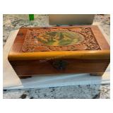Wood jewelry box w/contents, 9.5x5x3.5