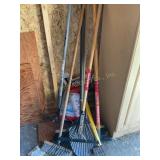 Misc garden tools metal rake, shovel, pushbroom,