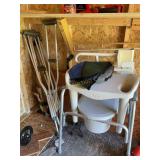Adjustable height crutches, bedside toilet, misc