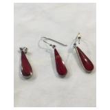 925 Silver 3 pc. Pendant & earring set, w/red