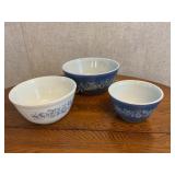 3 Pyrex mixing bowls, Colonial Mist, Blue Daisy,