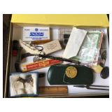 Cigar box w/contents- hotel soaps,pencil lead,
