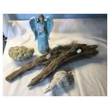 Driftwood 22"l,seashell,Angel 10",ceramic oyster