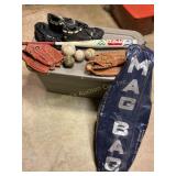 Baseball items, balls, Wilson softball bat, MAG