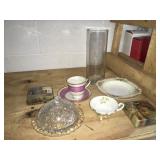 Lidded glass butter dish,tea cup & saucer, glass